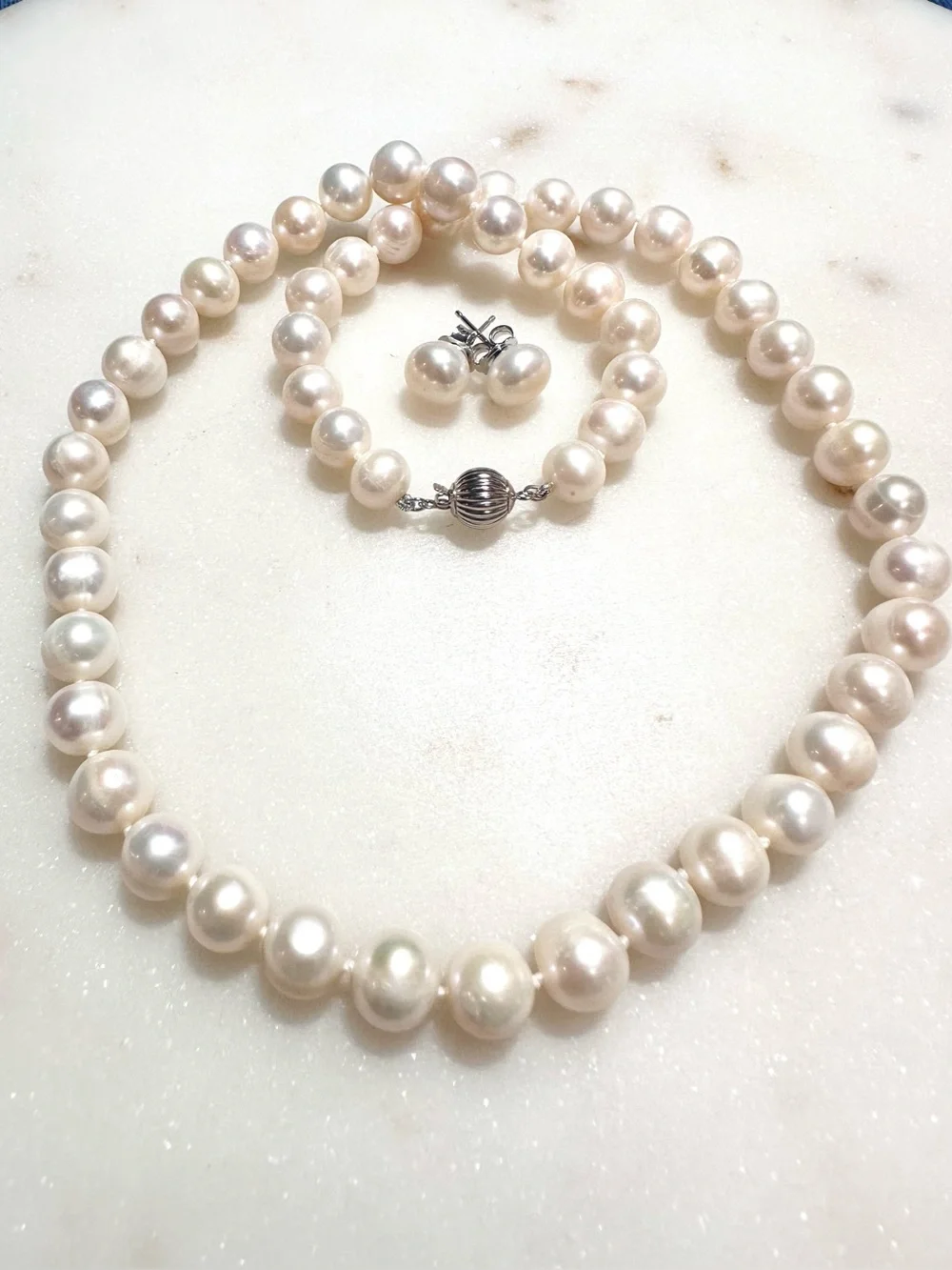 White Cultured Freshwater Pearl Rhodium over Sterling Silver Necklace & Earrings